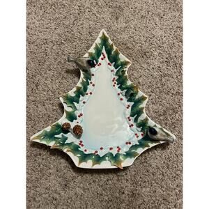 FRANZ Holiday Beginnings Tree Shaped Plate Christmas Chickadee Holly MINT HTF